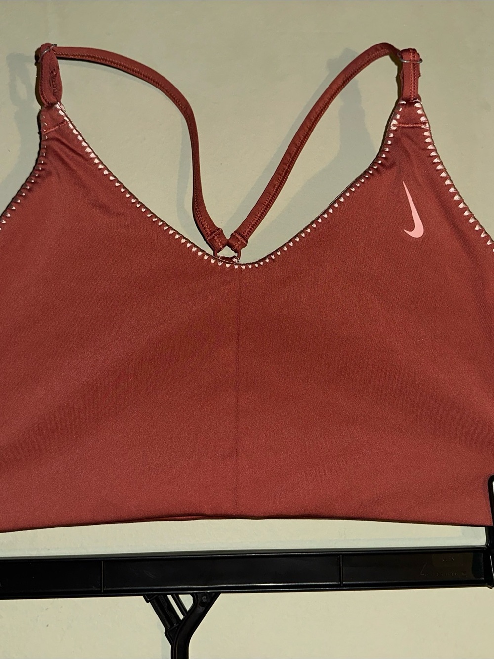 Nike Women’s Rust Pink Sports Bra - Strappy Support with Crochet Sides